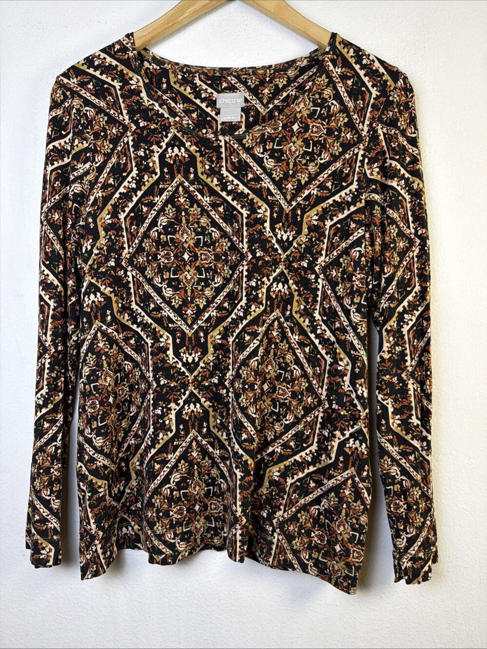 Chico's 1 Rayon Spandex Top Shirt jersey brown western medium cottagecore